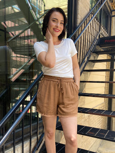 linen shorts brown summer shorts paired with a white t shirt drawstring shorts long shorts comfortable