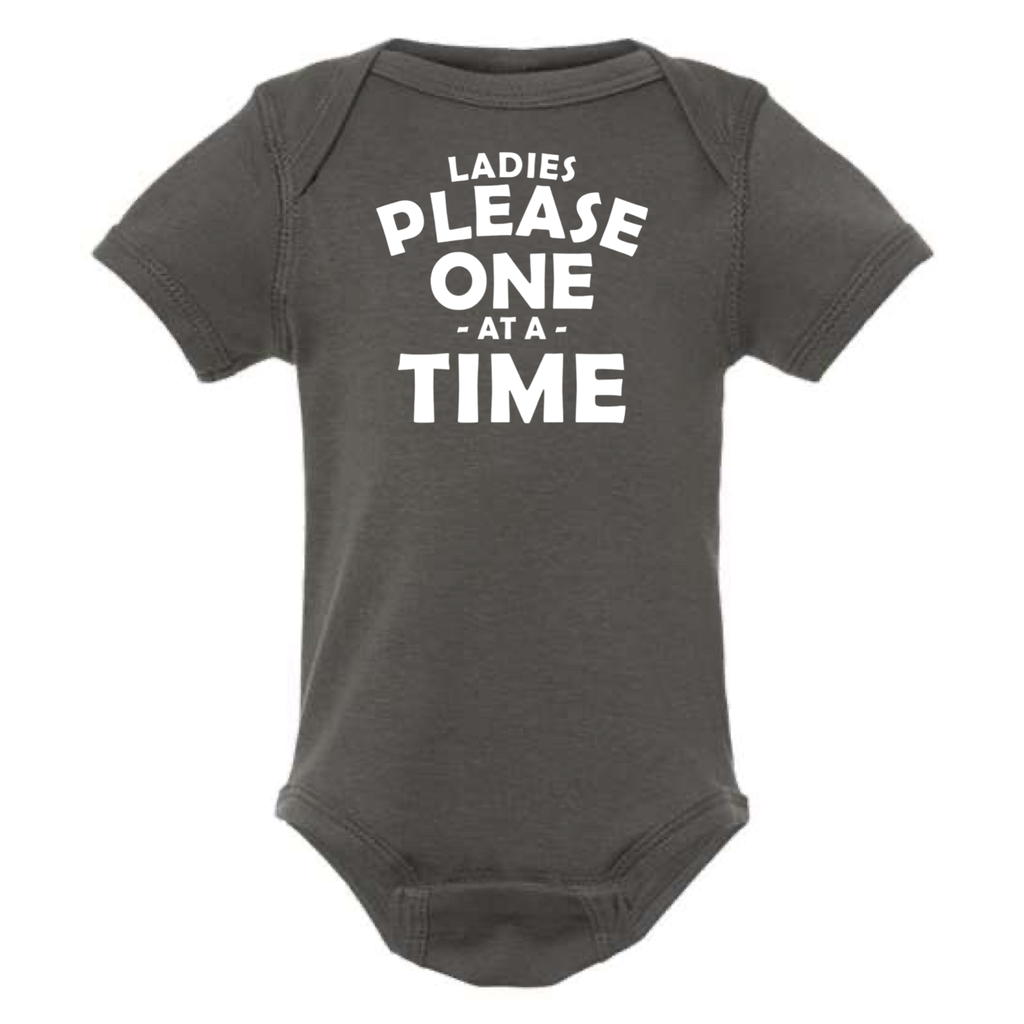 LADIES PLEASE - ONE AT A TIME BABY ONESIE: Charcoal -6 months