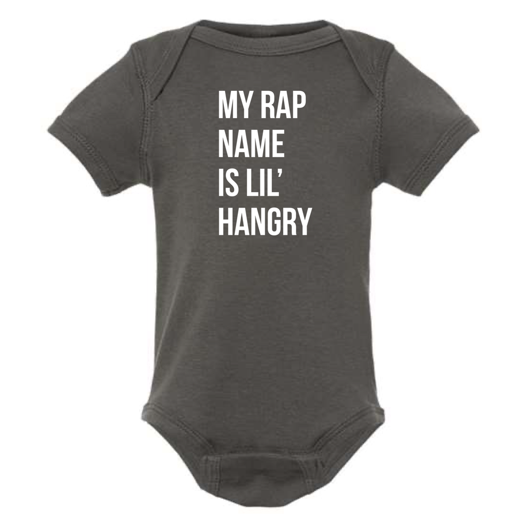 MY RAP NAME IS LIL' HANGRY BABY ONESIE: Athletic Gray -6 months