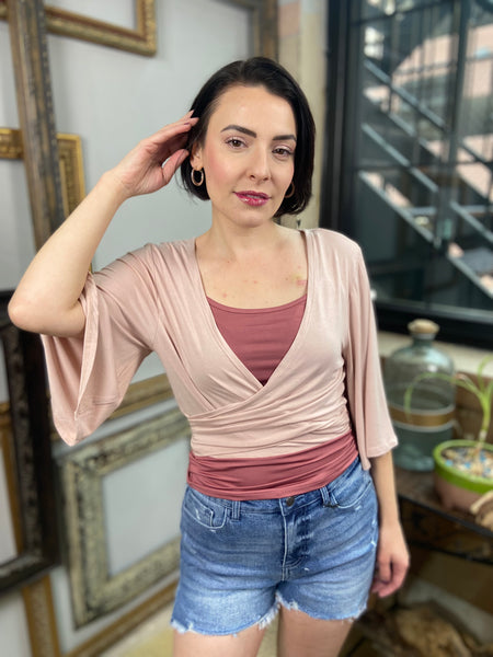collista dusty pink wrap top cover up open sleeves v neck front or back bow tie