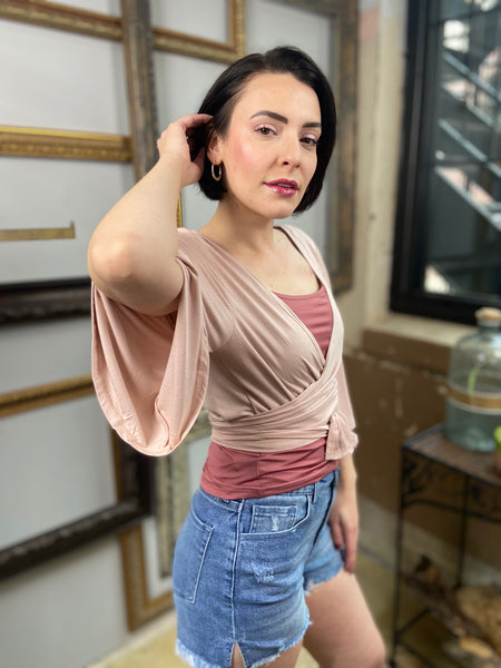 collista dusty pink wrap top cover up open sleeves v neck front or back bow tie