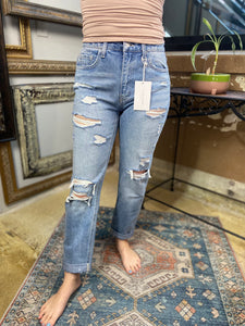 flying monkey jeans distressed light wash mid rise jeans cuffed bottom pockets straight leg jeans