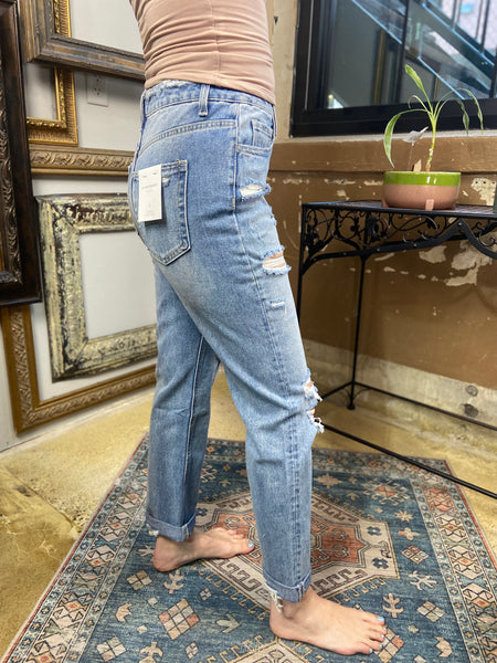 flying monkey jeans distressed light wash mid rise jeans cuffed bottom pockets straight leg jeans side view