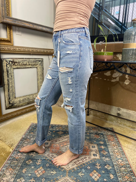 flying monkey jeans distressed light wash mid rise jeans cuffed bottom pockets straight leg jeans side view