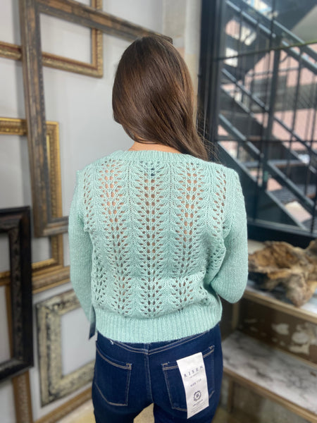 mint green blue knit sweater hole pattern soft crewneck line sweater  back view