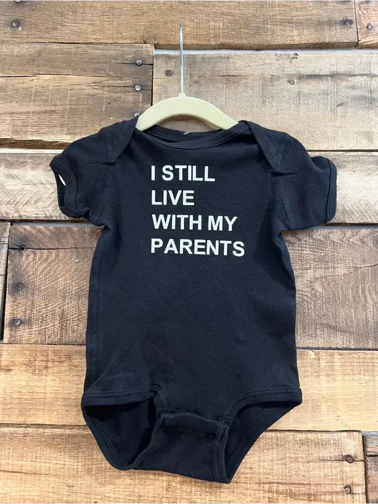 I STILL LIVE WITH MY PARENTS BABY ONESIE: Charcoal -18 months