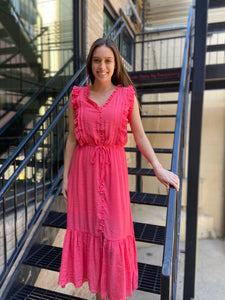  Ruffle detail button front midi dress

• High waist and slip design for added comfort

• Beautiful coral color that’s perfect for any occasion 
coral dress