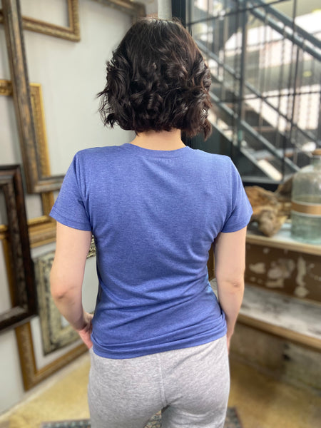 heather blue v neck t shirt long fitted shirt paired with gray sweatpants back view