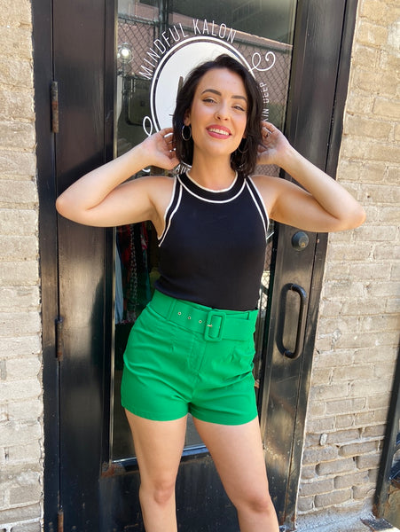 green shorts with adjustable belt pockets high waisted shorts