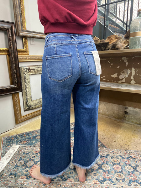 cropped jeans risen 3 button detailing wide leg jeans raw hem pockets no distress jeans back view