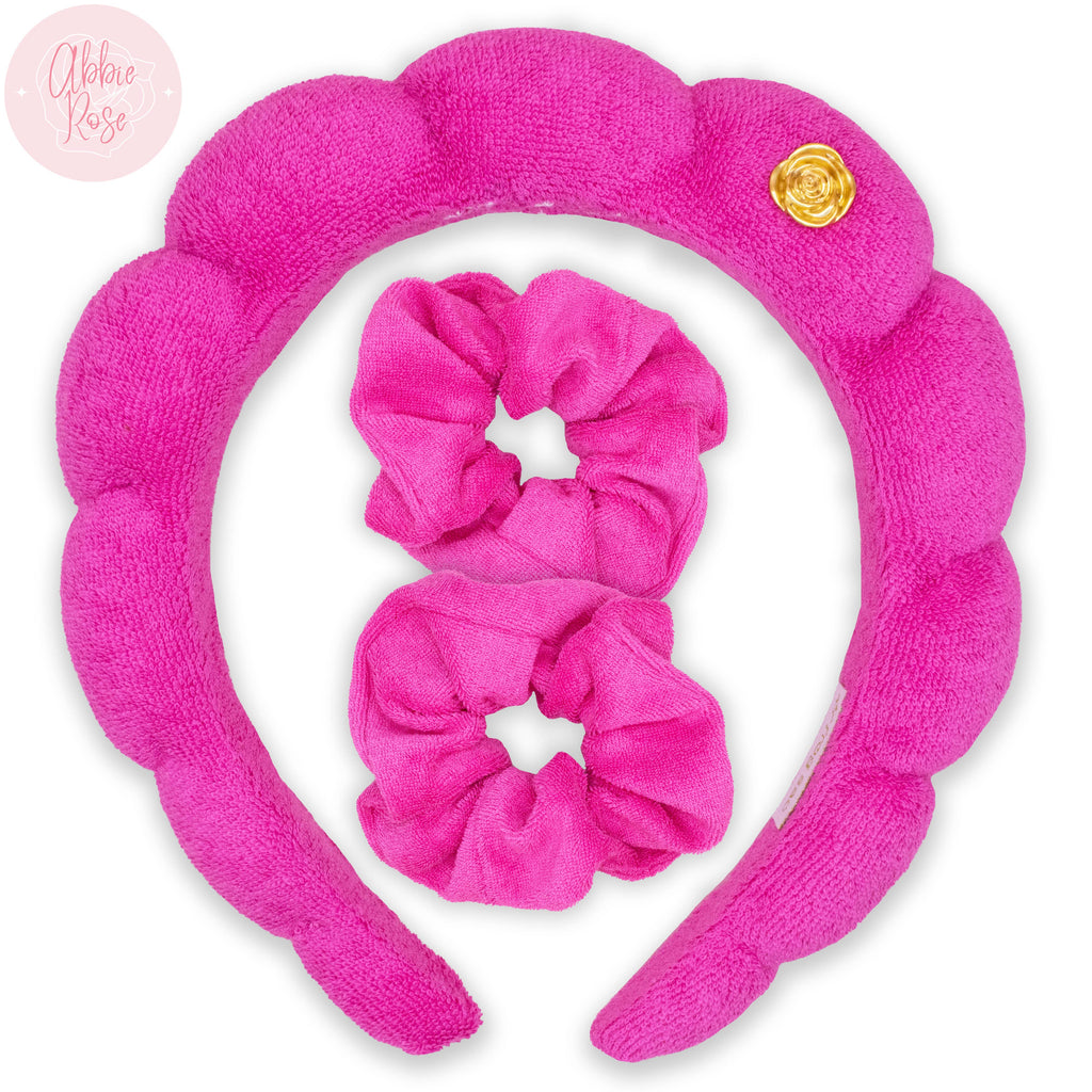 Spa Headband - Skincare Headband & Scrunchie Wristband Set: Hot Pink