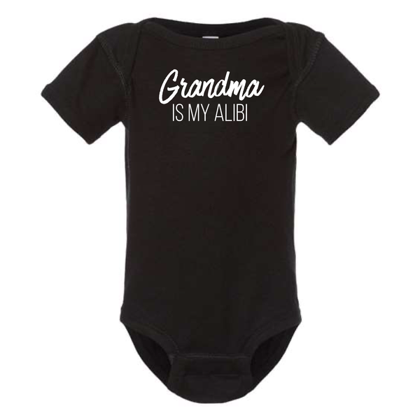 GRANDMA IS MY ALIBI BABY ONESIE: Dusty Rose -18 months