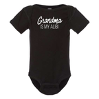 GRANDMA IS MY ALIBI BABY ONESIE: Dusty Rose -6 months