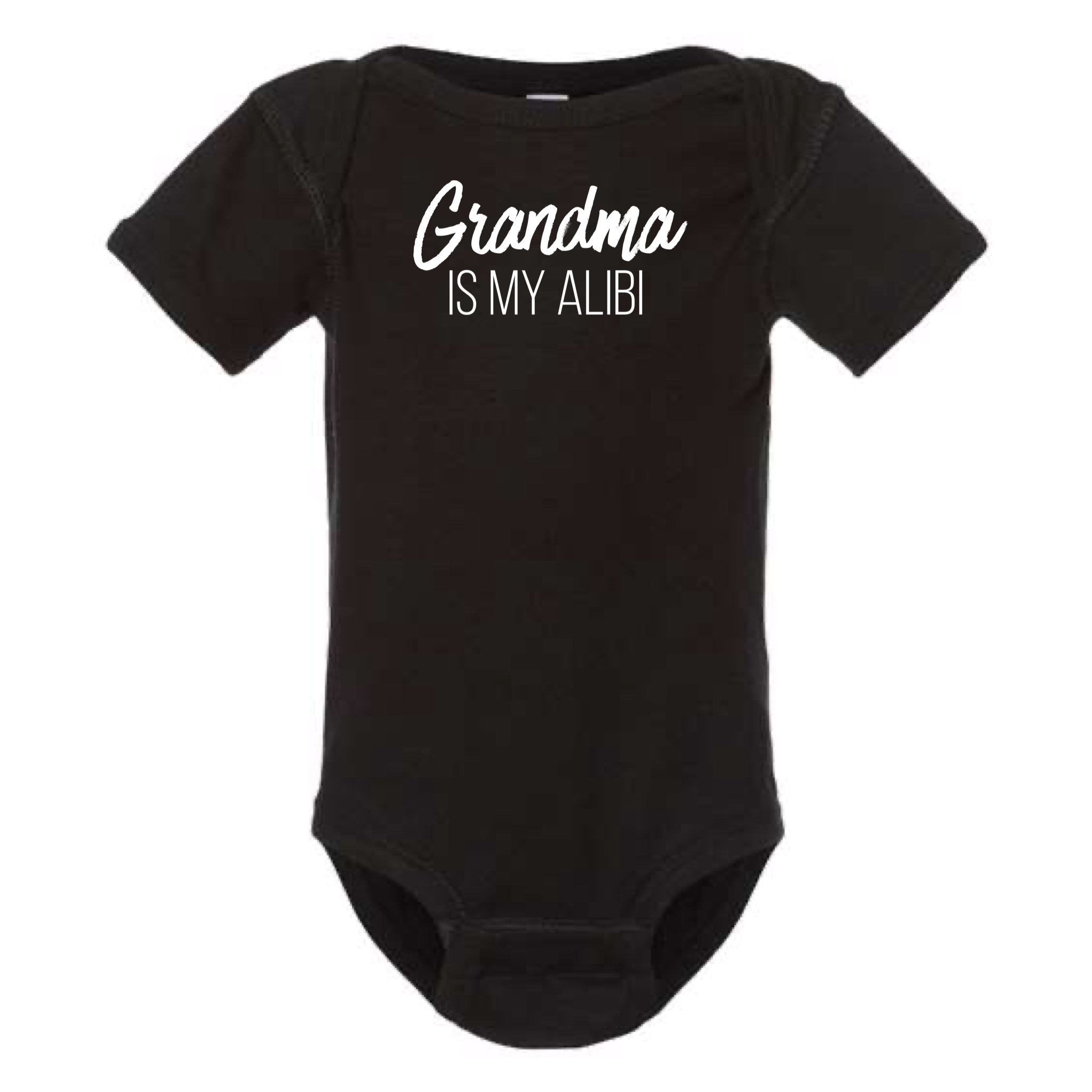 GRANDMA IS MY ALIBI BABY ONESIE: Dusty Rose -6 months