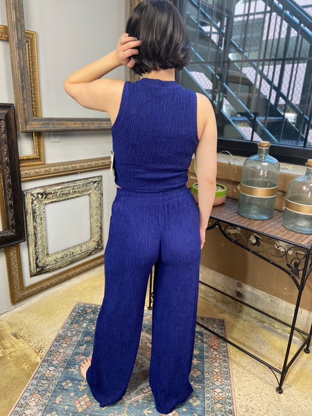 gianna royal blue set crinkle pattern elastic pants high neck sleeveless top crop to medium length top wide leg pants matching blue set