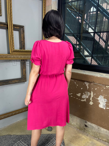 Halsey fuchsia midi dress puffy sleeves ruffles pockets hot pink dress v neck 