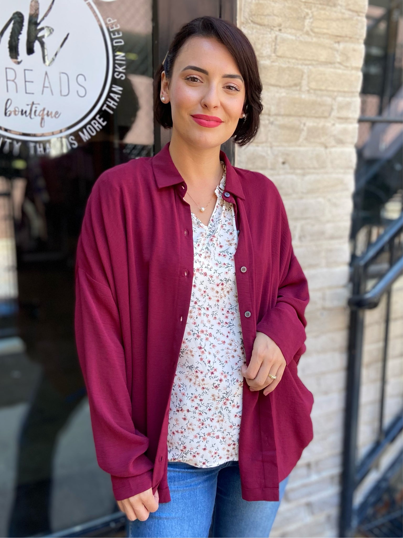 Ember Wine Button Up Top