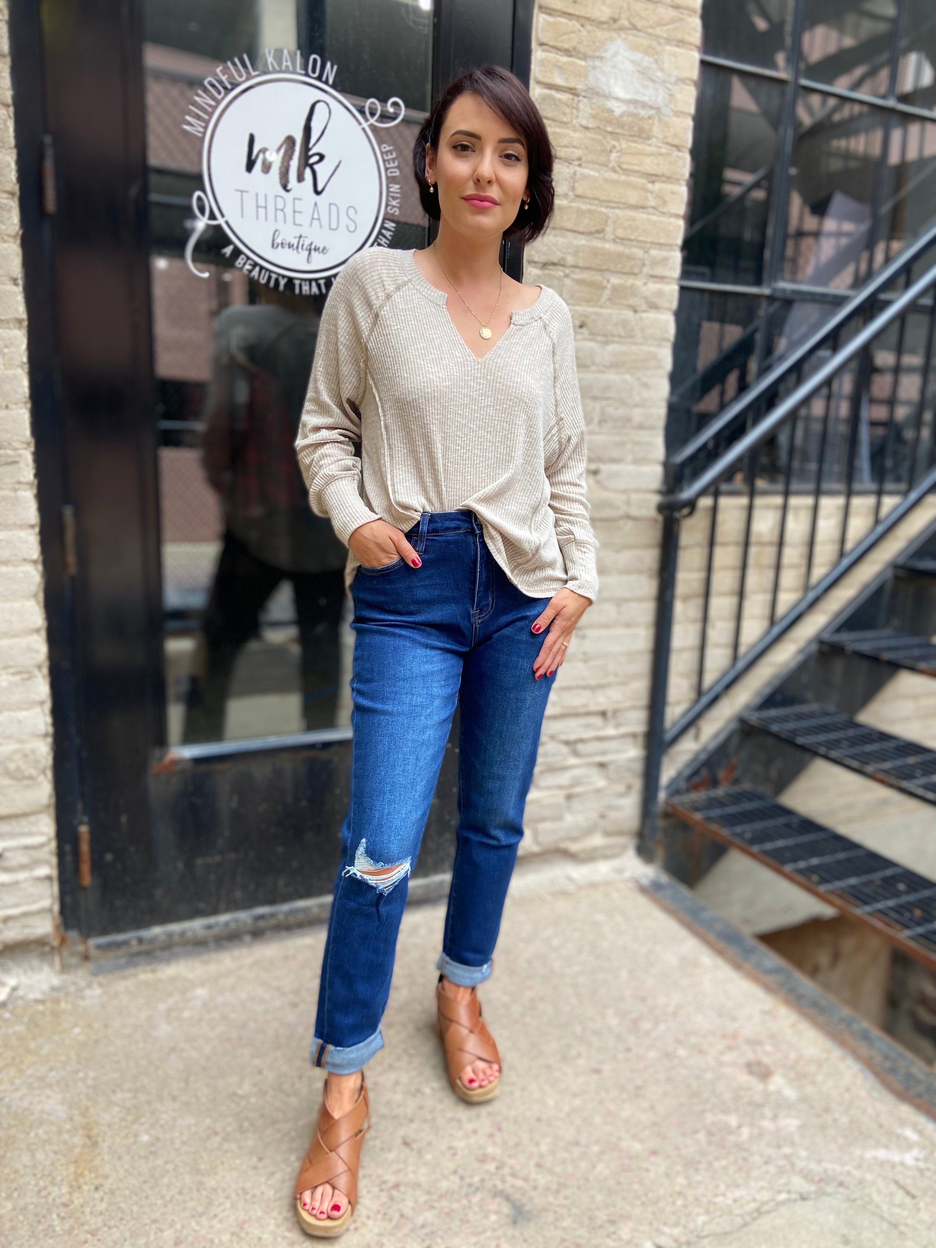 Erika Vervet Stretch Distressed Mom Jeans - MK Threads Boutique