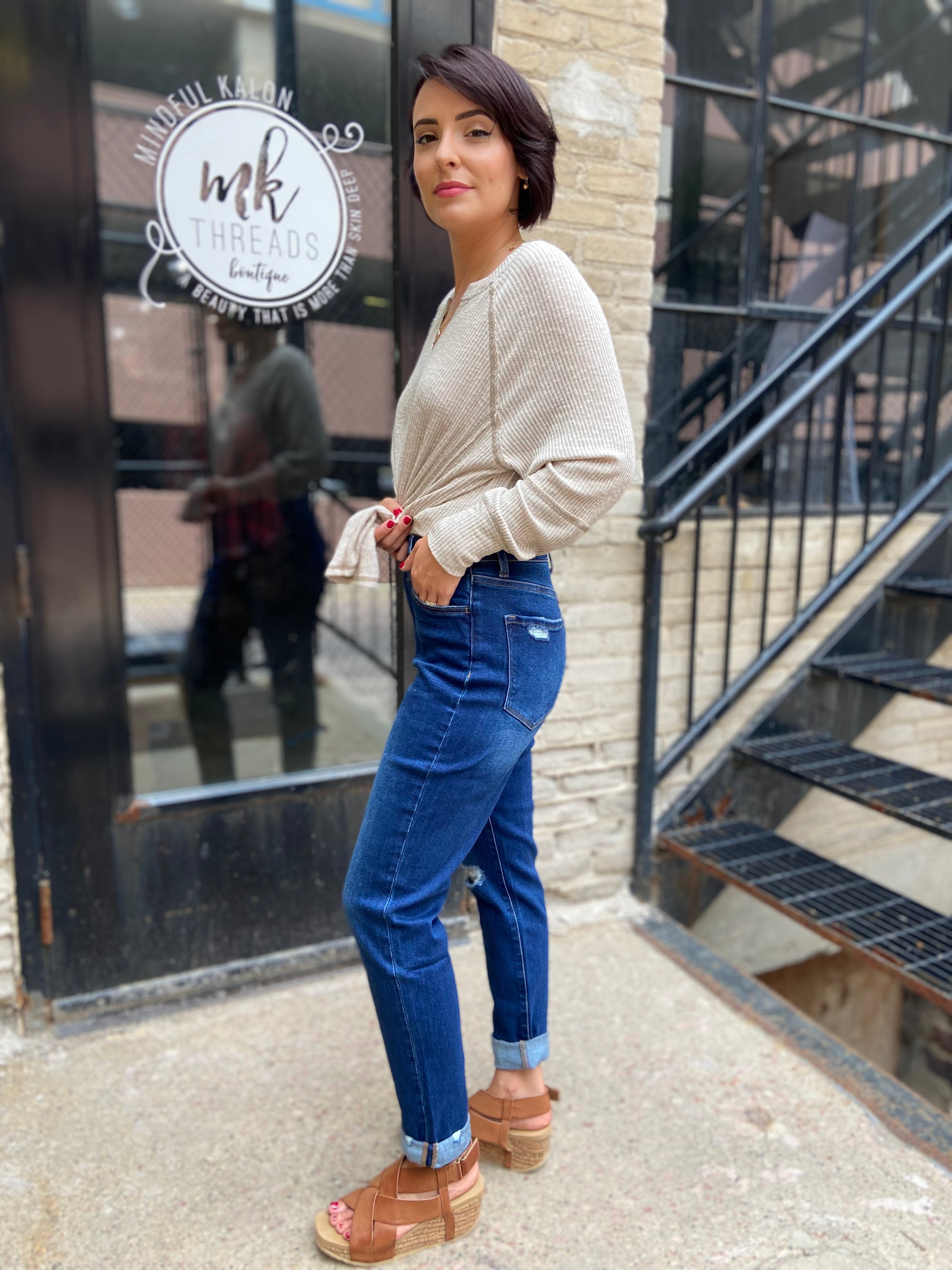 Erika Vervet Stretch Distressed Mom Jeans - MK Threads Boutique