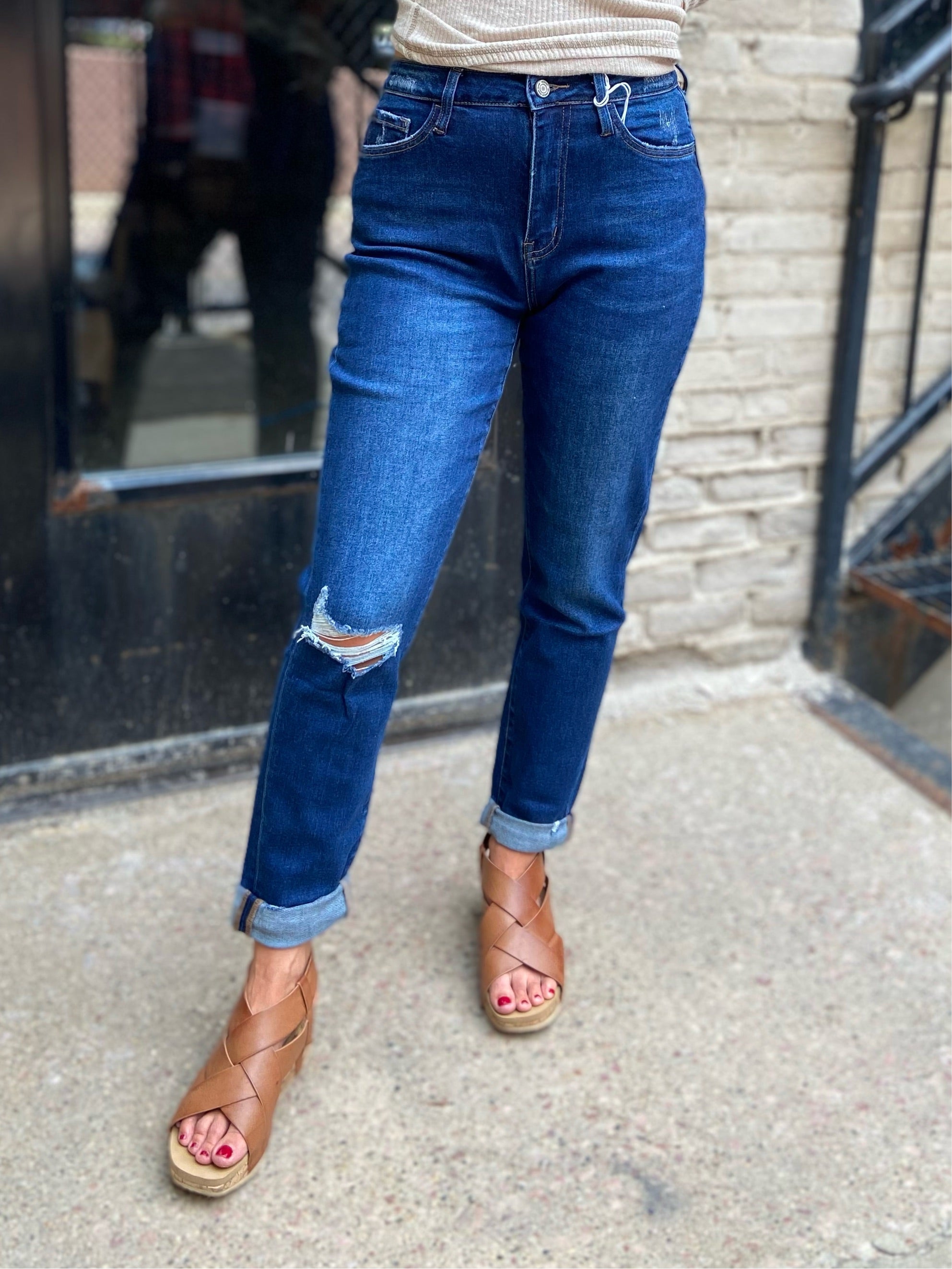 Erika Vervet Stretch Distressed Mom Jeans - MK Threads Boutique