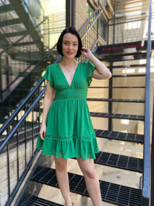 Expertly designed, the Inez Green Detailed Dress features a flattering short sleeve trim and intricate detailing for a touch of elegance. The back zipper ensures a perfect fit, while the silky fabric in a beautiful green hue adds a luxurious feel. Make a statement in this short ruffle dress.



Short sleeve dress with delicate trim detailing
Short ruffle hem for a flirty, feminine touch
Back tie design for added dimension
Zipper closure for easy wear
Hand wash cold, do not bleach, hang dry to preserve quali