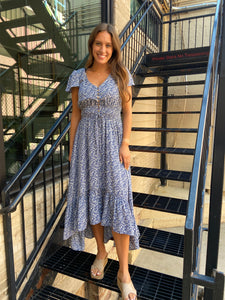 isabella blue floral ditsy long cap sleeve v neck button down dress with drawstring waist a line high low blue and white floral dress