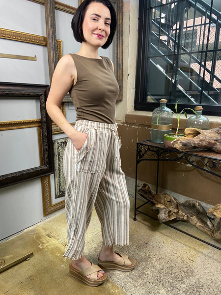 brown stripe linen pants capres drawstring summer pants raw hem