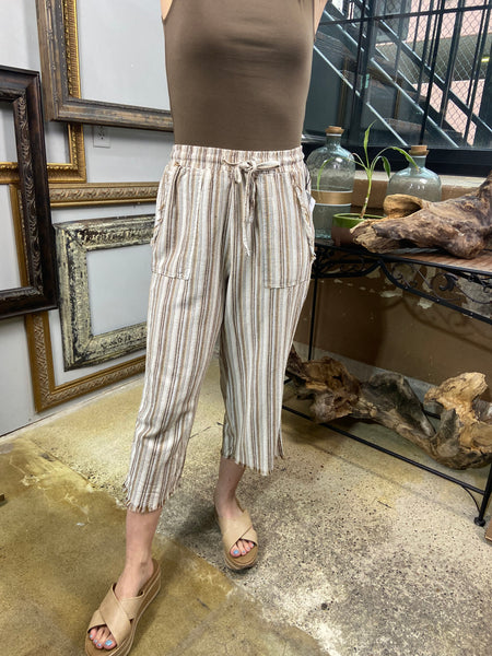 brown stripe linen pants capres drawstring summer pants raw hem