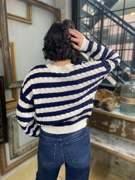 crew neck sweater navy striped and white stripes jeans outfit cable knit stretchy material back view