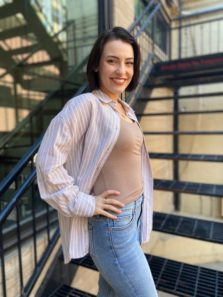 lisette khaki linen striped button up paired with blue jeans