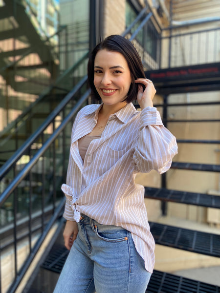 lisette khaki linen striped button up paired with blue jeans