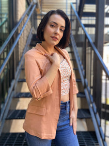 luella clay linen blazer paired with jeans