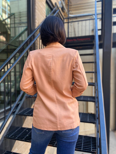 luella clay linen blazer paired with jeans