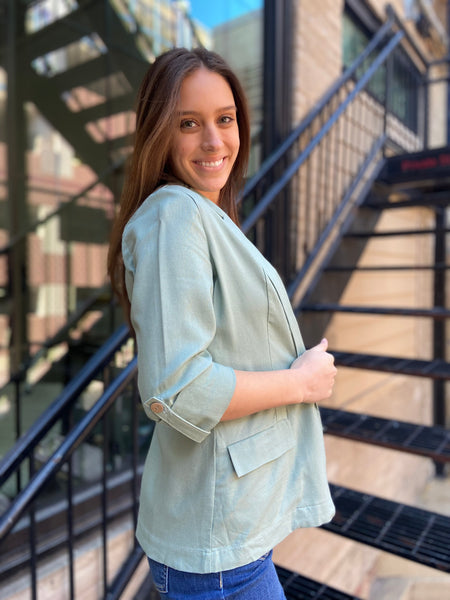 luella mint green linen blazer paired with jeans