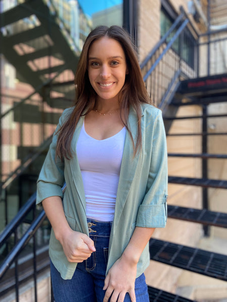 luella mint green linen blazer paired with jeans