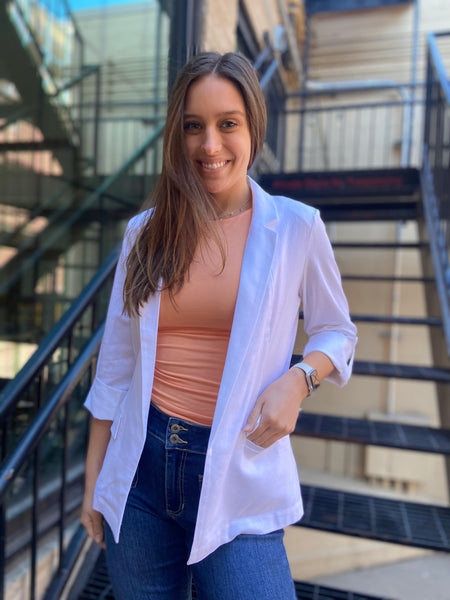 luella white linen blazer paired with jeans