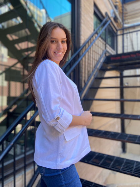 luella white linen blazer paired with jeans