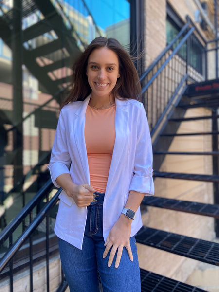 luella white linen blazer paired with jeans