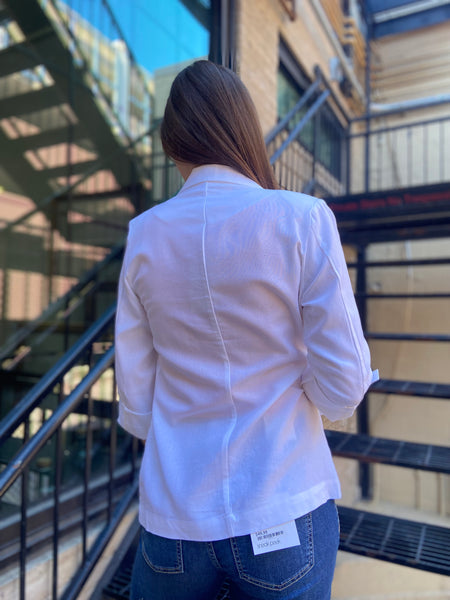 luella white linen blazer paired with jeans