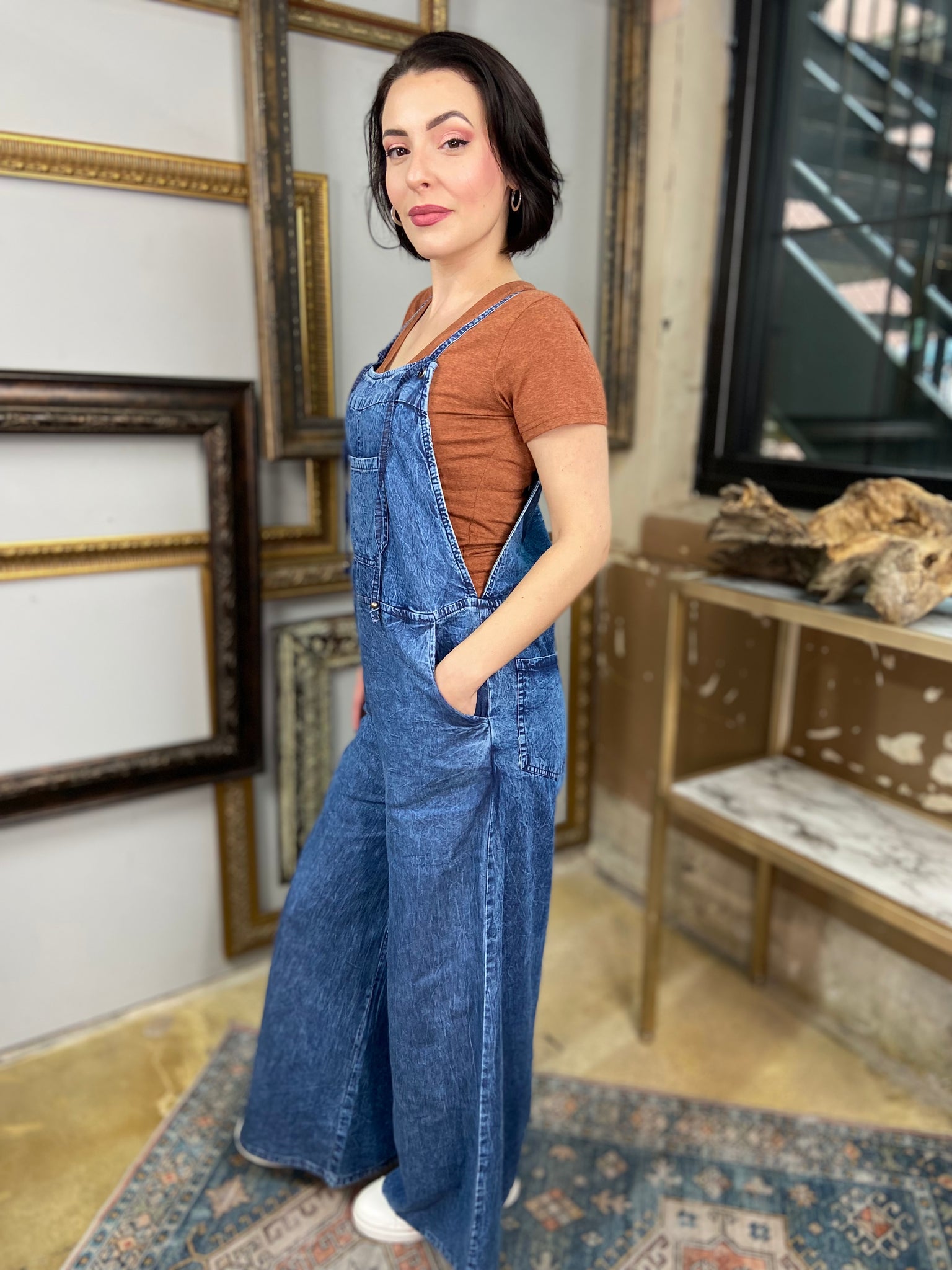 dark wash denim blue overalls jumpsuit wide leg spaghetti straps pockets front and back