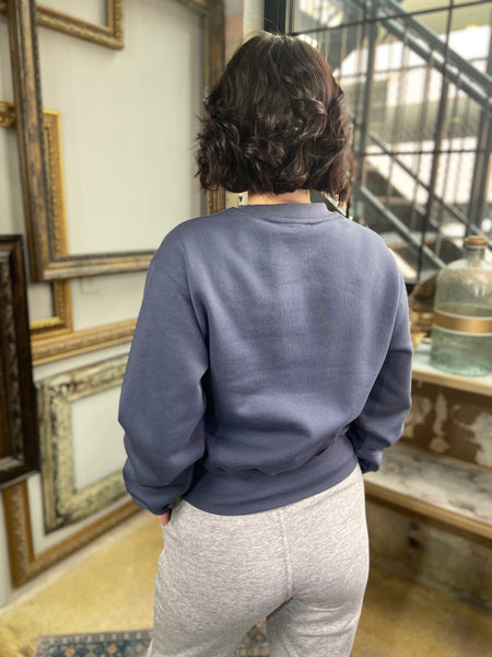 crew neck sweater navy blue cropped loungewear dusty blue back view