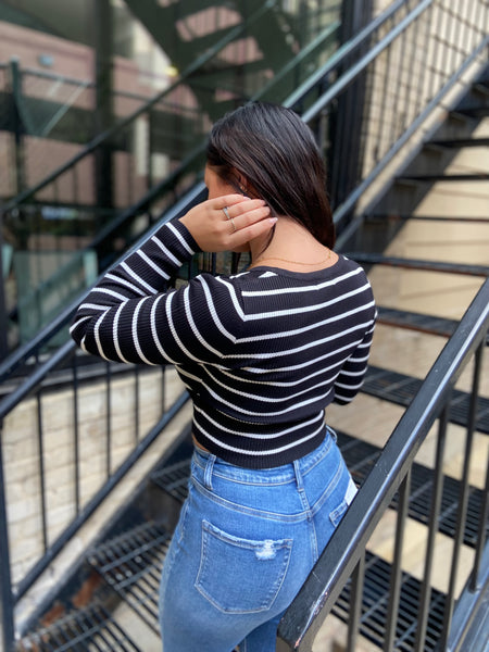 black and white striped sweater fitted cropped back view