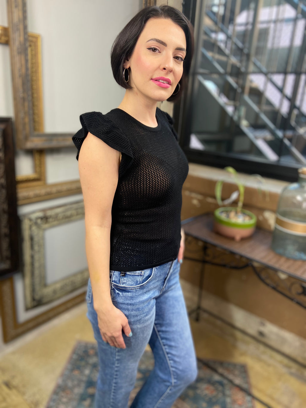 black mesh net shirt flutter cap shoulder sleeves 