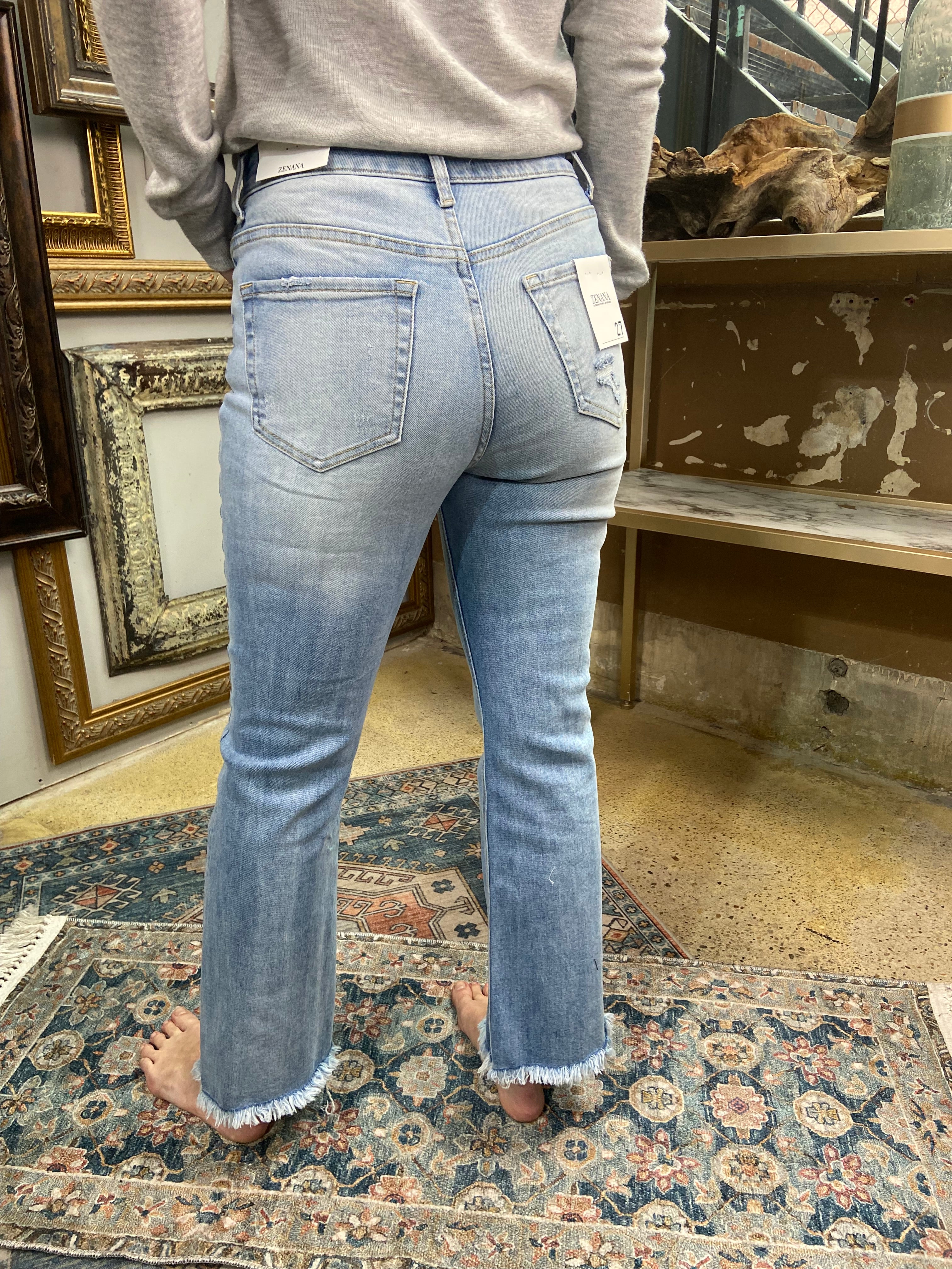 straight leg light wash jeans raw hem mid rise zenana jeans