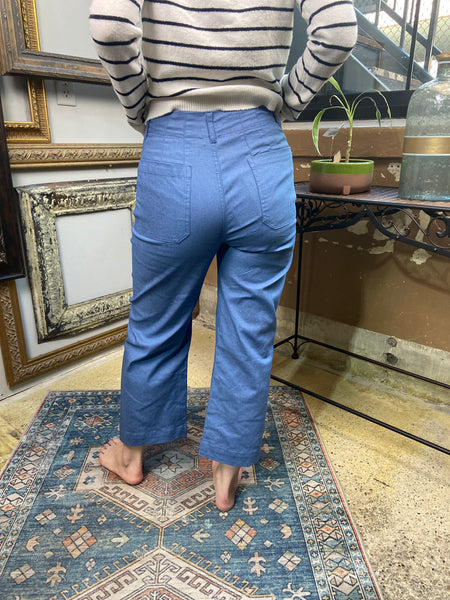 blue denim wide leg cropped pants 