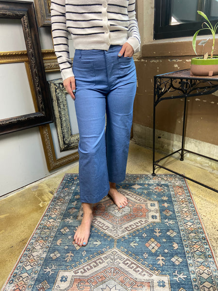 blue denim wide leg cropped pants 