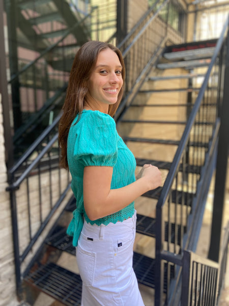 poppy emerald green blue teal flower embroidery detail blouse top