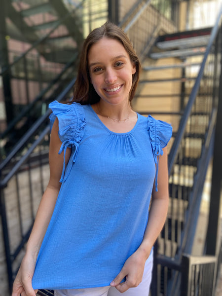 skye blue tie flutter sleeve round neck line blouse top t shirt