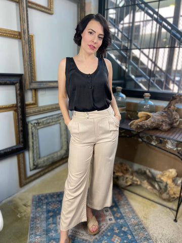 sylvie khaki linen pants with pockets double button linen pants paired with black blouse shirt