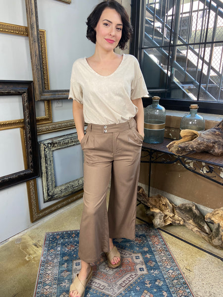 sylvie mocha  linen pants with pockets double button linen pants paired with cream shirt